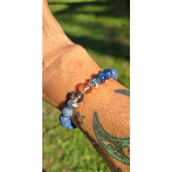 Dumortierite and Clear Quartz Gemstone Beaded Bracelet - Picture 3 of 7